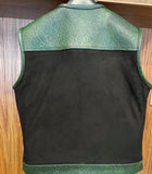 Mens Green Waxed Crocodile and Snake Embossed Leather W/ Denim Motorcycle Biker Concealed Carry Vest