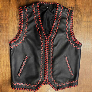 Mens Red and Black Braided Leather Motorcycle Biker Concealed Carry Vest