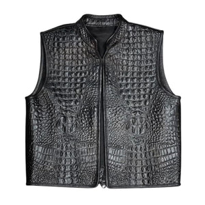 Men's Collared Gator Embossed Black Motorcycle Concealed Carry Leather Vest