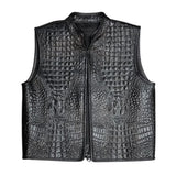 Men's Collared Gator Embossed Black Motorcycle Concealed Carry Leather Vest