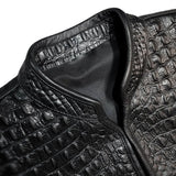 Men's Collared Gator Embossed Black Motorcycle Concealed Carry Leather Vest