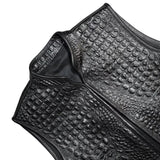 Men's Collared Gator Embossed Black Motorcycle Concealed Carry Leather Vest