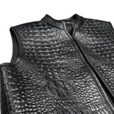 Men's Collared Gator Embossed Black Motorcycle Concealed Carry Leather Vest