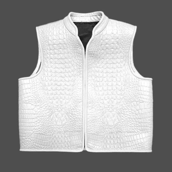 Men's Collared Gator Embossed White Motorcycle Concealed Carry Leather Vest