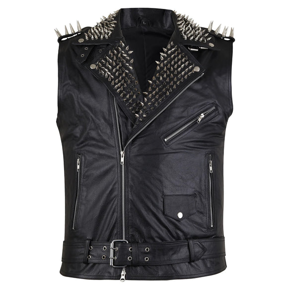 Men's Classic Sleeveless Long Spiked Studded Motorcycle Biker Concealed Carry Leather Vest