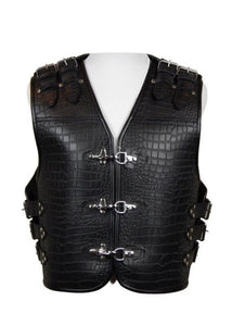 Men's Heavy Buckle Croc Leather Motorcycle Concealed Carry Biker Black Leather Vest