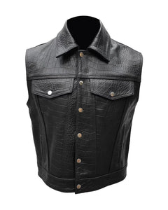 Mens Croc Leather Black Motorcycle Concealed CarryLeather Vest