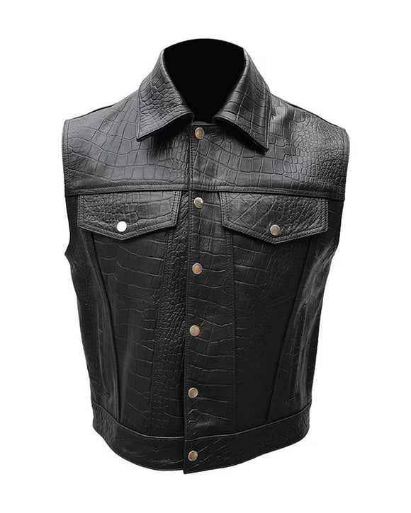 Mens Croc Leather Black Motorcycle Concealed CarryLeather Vest