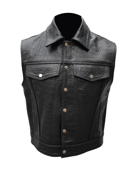 Mens Collared Crocodile Embossed Black Motorcycle Biker Leather Vest