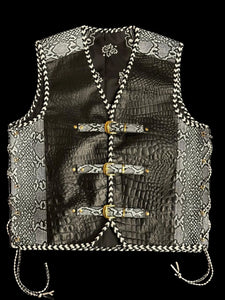 Mens Crocodile Snake Embossed Black and White Braided Motorcycle Leather Vest.