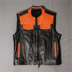 Men's Orange Diamond Stitched Black Leather Motorcycle Concealed Carry Biker Vest