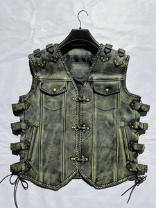 Men's Heavy Buckle Vintage Distressed Brown Motorcycle Concealed Carry Biker Leather Vest