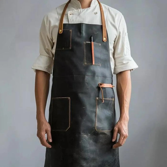 Mens Premium Full Grain Chef Leather Apron With Pockets