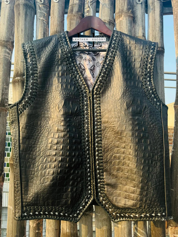 Men Alligator Embossed Motorcycle Concealed Carry Biker Leather Vest W/ Paisley Liner