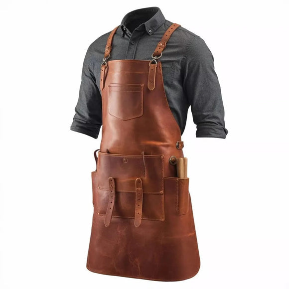 Mens Premium Full Grain Leather Apron With Extended Pockets