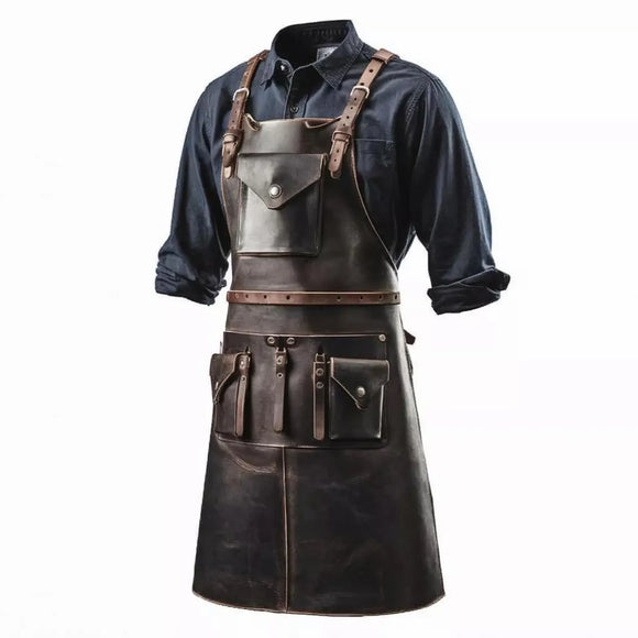 Mens Brown Premium Full Grain Leather Apron With Extended Pockets