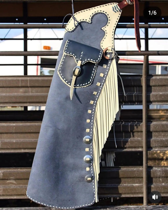 Handmade Men Fringe Cowboy Gray Suede Western Cowboy Leather Chaps