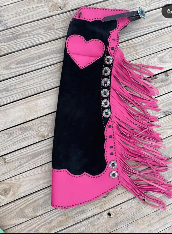Fringe Cowgirl Chaps Buck Skin Rodeo Style Ladies Pink Suede Leather Chaps