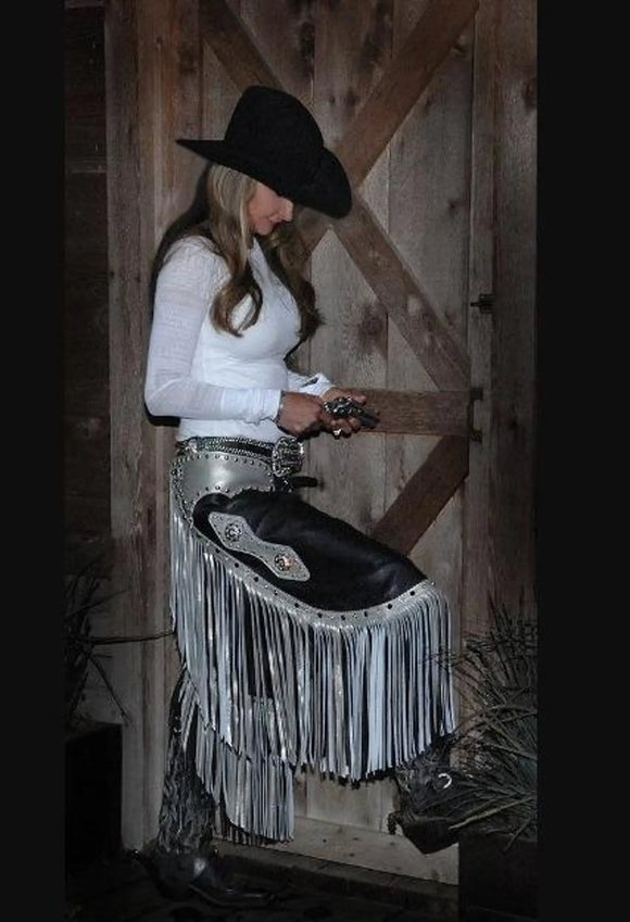 HORSE RIDING LADIES FRINGES BRAIDED WESTERN BLACK & SILVER COWGIRL LEATHER CHAPS