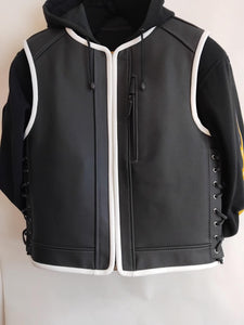 Patch Vest Men's Perforated Leather Motorcycle Concealed Carry Biker Vest W/ White Leather Trim
