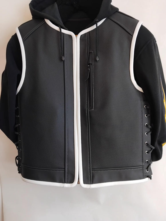 Patch Vest Men's Perforated Leather Motorcycle Concealed Carry Biker Vest W/ White Leather Trim