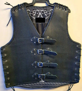 Mens Snake Embossed Braided Buckled Motorcycle Biker Black Leather Vest Concealed Carry