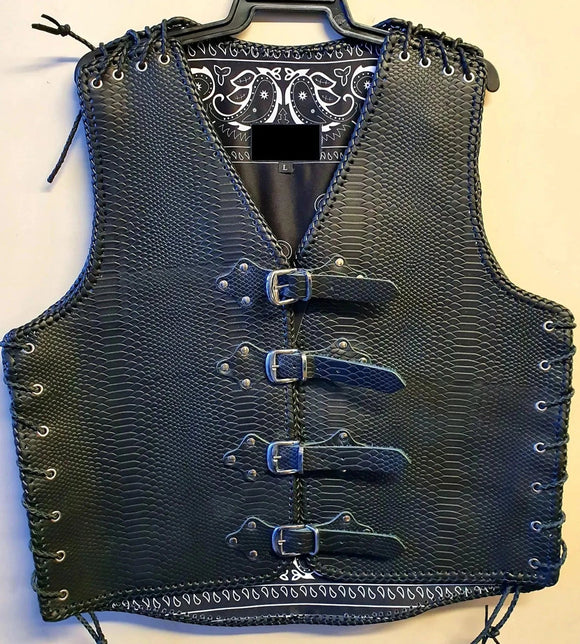 Mens Snake Embossed Braided Buckled Motorcycle Biker Black Leather Vest Concealed Carry