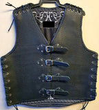 Mens Snake Embossed Braided Buckled Motorcycle Biker Black Leather Vest Concealed Carry