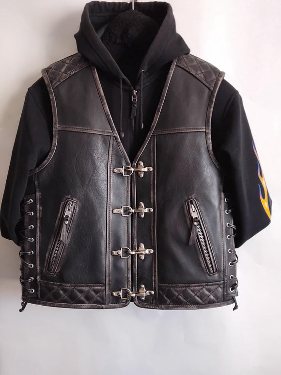 Patch Vest Men's Heavy Buckle Motorcycle Concealed Carry Biker Leather Vest With Antique Abrasion Effect