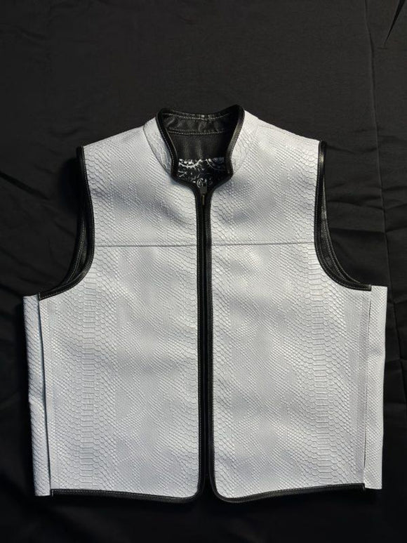 Mens Snake Embossed Zippered White Motorcycle Biker Leather Vest Concealed Carry