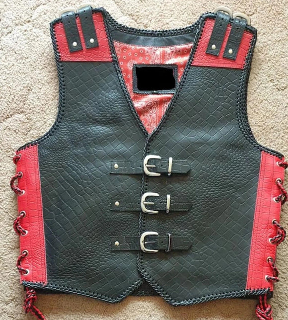 Mens Snake Embossed Black & Red Biker Motorcycle Leather Vest