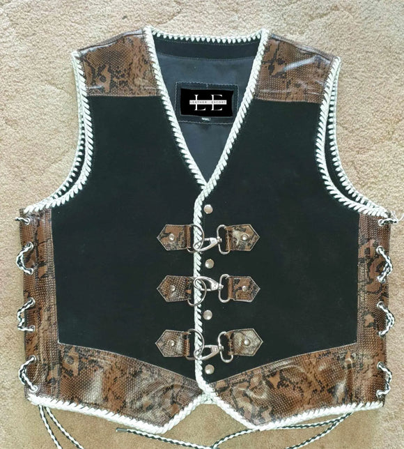 Mens Snake Embossed Leather And Denim Motorcycle Leather Vest