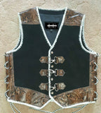 Mens Snake Embossed Leather And Denim Motorcycle Leather Vest