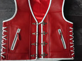 Patch Vest Men's Heavy Buckle Red Leather Motorcycle Concealed Carry Biker Vest W/ Hoodie
