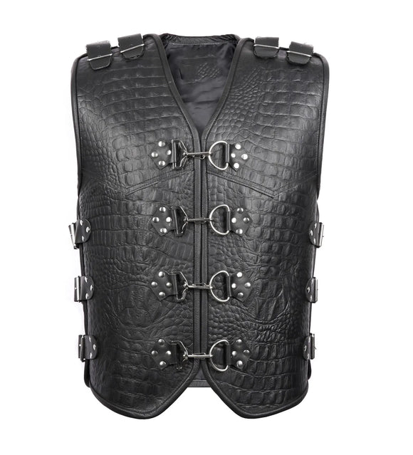 Gator Embossed Men's Heavy Buckle Motorcycle Concealed Carry Leather Vest