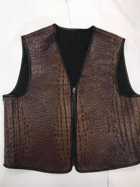 Gator Embossed Men's Distressed Brown Motorcycle Concealed Carry Leather Vest