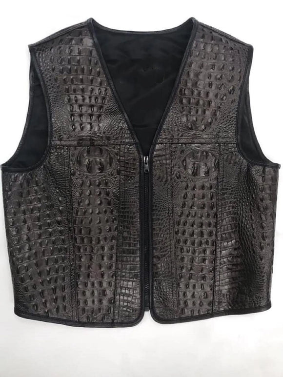 Gator Embossed Men's Black Alligator Motorcycle Concealed Carry Leather Vest