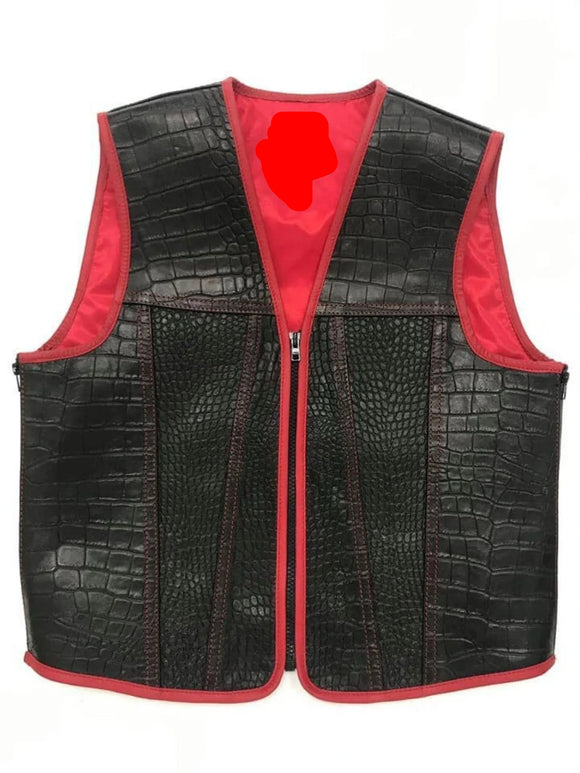 Men's Crocodile Embossed Black & Red Motorcycle Concealed Carry Leather Vest
