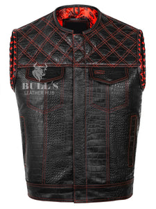 Gator Embossed Men's Braided Motorcycle Concealed Carry Quilted Red & Black Biker Leather Vest