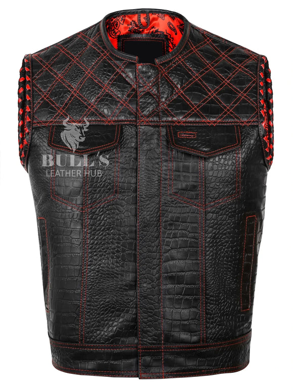 Gator Embossed Men's Braided Motorcycle Concealed Carry Quilted Red & Black Biker Leather Vest