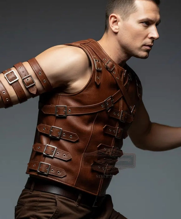 Men's Motorcycle Biker Brown Buckle Leather Vest Concealed Carry