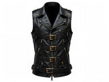 Men's Gold Buckles Fashion Motorcycle Biker Concealed Carry Leather Vest