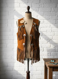 Men's Handmade Tooled Fringe Cowboy Style Suede Leather Vest