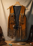Men's Handmade Tooled Fringe Cowboy Style Suede Leather Vest