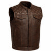 Men's Diamond Stitched Vinatge Brown Motorcycle Concealed Carry Leather Vest