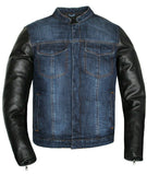 Mens Biker Style Motorcycle Blue Denim And Leather Concealed Carry Jacket