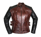 Women's Brown Biker Style Motorcycle Concealed Carry Leather Jacket
