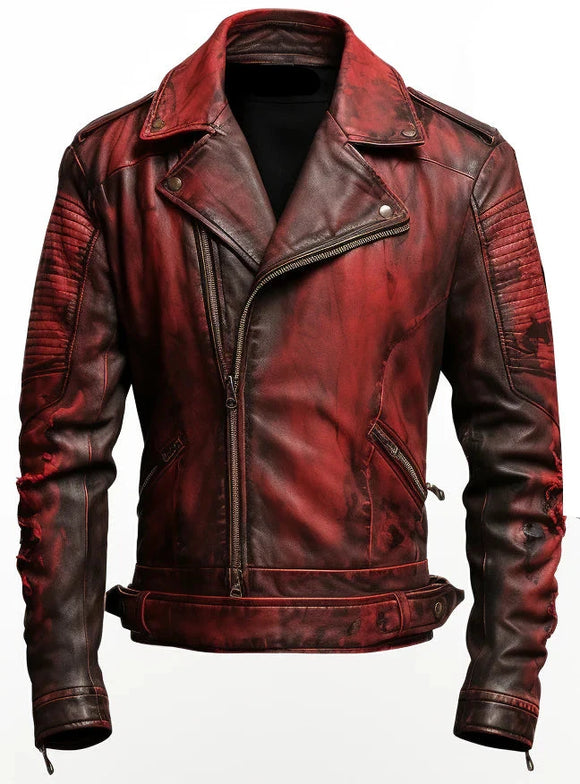 Mens Vintage Distressed Red Leather Motorcycle Concealed Carry Jacket