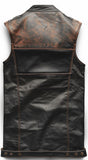 Men's Brown Black Distressed Motorcycle Concealed Carry Leather Vest