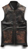 Men's Brown Black Distressed Motorcycle Concealed Carry Leather Vest